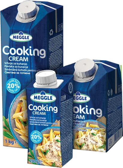 MEGGLE сметана за готвене 20% масленост, 1 кг, 500 г и 200 г